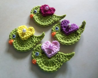 Set of Five Light Green Crochet Bird Appliques. Crochet Bird Appliques. Handmade Crochet Bird Appliques.