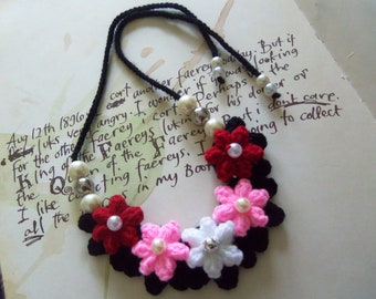 Crochet Flower Necklace. Black Crochet Necklace with Assorted Crochet Flowers. Handmade Crochet Necklace.