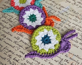 Assorted Crochet Snail Appliques. Set of Three Crochet Snail Appliques.