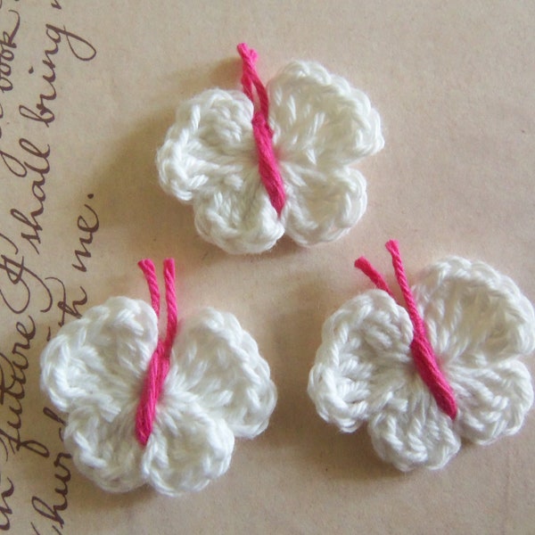 Set Of Three White Crochet Butterflies. Crochet Butterfly Appliques. Handmade Butterfly Appliques.