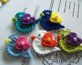 Crochet Bird Appliques. Set of 5 Assorted Crochet Bird Appliques.