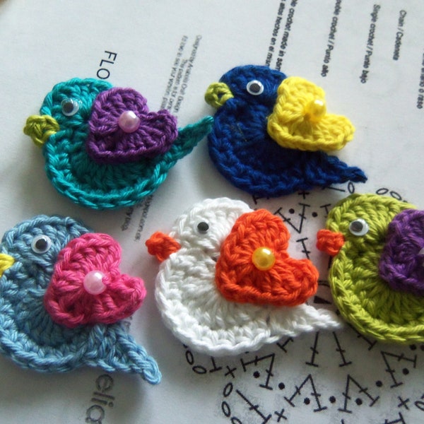 Crochet Bird Appliques. Set of 5 Assorted Crochet Bird Appliques.