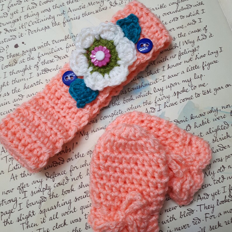Baby Crochet Headband and Mittens Handmade Baby Headband and Mittens.
