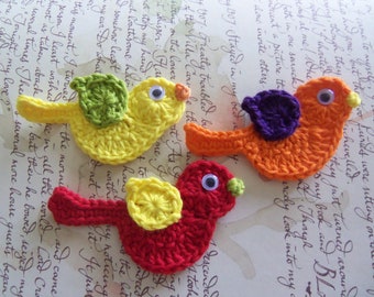 Red, Yellow and Orange Crochet Bird Appliques. Set of Three Assorted Crochet Bird Appliques.