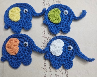 Set of Four Blue Crochet Elephant Appliques. Crochet Elephant Appliques.