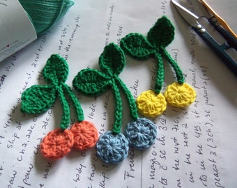 Set of Three Assorted Crochet Cherry Appliques. Crochet Cherry Appliques. Yellow, Orange and Light Blue Crochet Cherries.