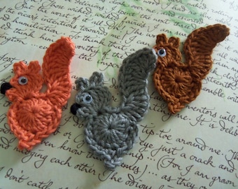 Crochet Squirrel Appliques. Set of Six Assorted Crochet Squirrel Appliques. Crochet Squirrels.