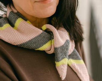 Striped Triangle Knit Scarf, Merino Wool Neck Scarf, Pink Gray