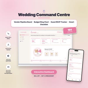 Panel de control para planificador de bodas, seguimiento de presupuesto y costos de proveedores, lista de invitados y gestor de confirmaciones de asistencia, lista de verificación de bodas con temporizador de cuenta regresiva, aplicación digital