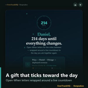 May include: A digital interface titled EverTrackHQ Keepsakes featuring a dark background with a countdown clock displaying 214 days. Text reads: Daniel, 214 days until everything changes. Open-When letters for the miles between wrapped around a live countdown to the day you are together again. A gift that ticks toward the day.