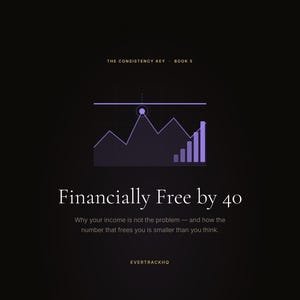 May include: A dark background with the text "Financially Free by 40" in white. Below, the text reads "Why your income is not the problem - and how the number that frees you is smaller than you think." A purple graph is at the top.