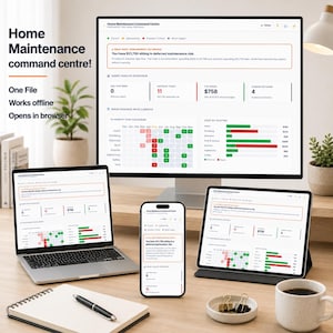 May include: A digital display of the "Home Maintenance Command Centre" interface, showcasing data on a laptop, tablet, smartphone, and desktop monitor. The interface displays charts, graphs, and text, including "Home Maintenance command centre!" and "You have $21,730 sitting in deferred maintenance risk."
