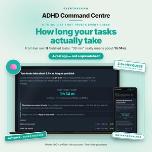 Könnte beinhalten: Eine digitale ADHD Command Centre Benutzeroberfläche auf einem Laptop- und Smartphone-Bildschirm. Der Text lautet: How long your tasks actually take, 2.5x her guess und 1h 14m. Das Design zeigt dunkle Hintergründe mit türkisen Akzenten und ein rosa Gehirnsymbol.