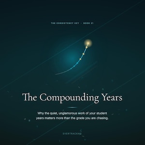 May include: A dark teal book cover titled The Compounding Years, with the subtitle Why the quiet, unglamorous work of your student years matters more than the grade you are chasing. It features a glowing upward curve and the text The Consistency Key - Book 21.