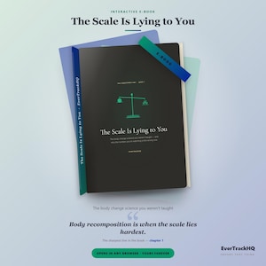 May include: An interactive e-book titled The Scale Is Lying to You with a black cover featuring a green scale icon. The text reads The body change science you weren't taught and Body recomposition is when the scale lies hardest. EverTrackHQ branding.