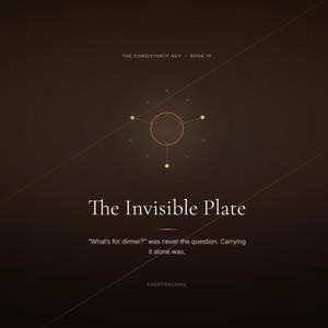 以下が含まれることがあります： ダークブラウンのブックカバーには「The Consistency Key Book 15」と記され、中央には放射状の線と点を持つ円形のグラフィックが描かれています。タイトルの下には「The Invisible Plate」というテキストがあり、その後に「What's for dinner? was never the question. Carrying it alone was.」と続きます。下部にはEVERTRACKHQと印刷されています。