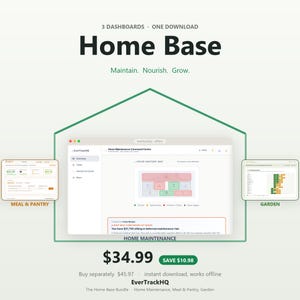 May include: A digital dashboard bundle titled Home Base featuring three distinct interfaces: Home Maintenance, Meal & Pantry, and Garden. The central Home Maintenance dashboard displays a house anatomy map with color-coded status indicators.