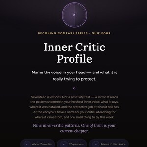May include: A digital interface titled Becoming Compass Series Quiz Four Inner Critic Profile. The text reads: Name the voice in your head and what it is really trying to protect. Seventeen questions. Nine inner-critic patterns. About 7 minutes.