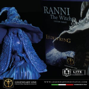 May include: A blue statue of Ranni the Witch from Elden Ring, with long hair and a large hat. The statue is next to a box with the text "RANNI The Witch CUSTOM FANART" and "ELDEN RING". The statue is part of the Legendary One Collector's Premium Statues.