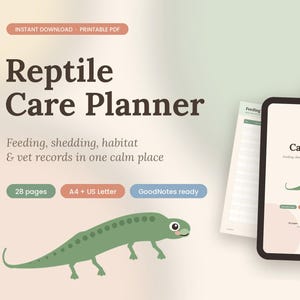 May include: A digital Reptile Care Planner with 28 pages in A4 and US Letter sizes. The planner features a green lizard illustration, feeding and shedding logs, and text including "Reptile Care Planner" and "GoodNotes ready".