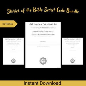 Puede incluir: Un paquete de descarga digital titulado "Stories of the Bible Secret Code". La imagen presenta tres páginas blancas con texto y un diseño de cruz, con el texto "Bible Verse Secret Code - Noah's Ark". El texto superior dice "Stories of the Bible Secret Code Bundle" y "25 Temas".