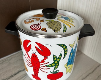 Olla vaporera vintage de esmalte San Ignacio Nantucket para langosta, camarones y verduras