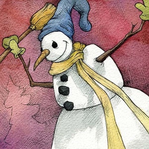 Whimsical Snowman Art – &quot;Pickle&quot; Digital Download Watercolor Christmas