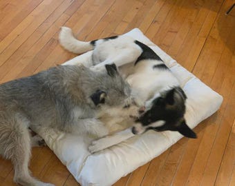 Protège-lit pour animal de compagnie, Matelas 100 % laine mérinos fait main pour chien et chat, Coussin de couchage pour animal de compagnie en tissu de coton naturel doux, Tapis lavable pour animal de compagnie de taille personnalisée