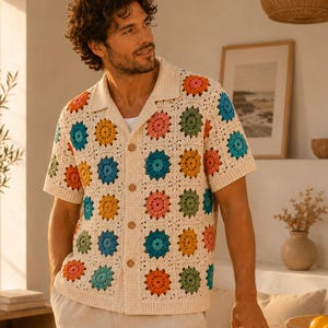 Sunburst Granny Square Camp Shirt Crochet Pattern, Retro 70s Button Up PDF