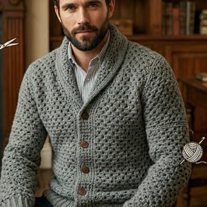 Patrón de cárdigan de ganchillo para hombre, jersey gris con cuello chal, regalo para profesores (descarga en PDF)