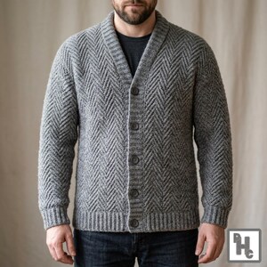 Patron de pull homme au crochet, cardigan à col châle à chevrons, motif chevron gris effet tricot (PDF)