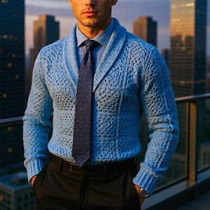 Men's Crochet Cardigan Pattern | Blue Grace Shawl Collar, Granny Square Sweater (PDF Download)
