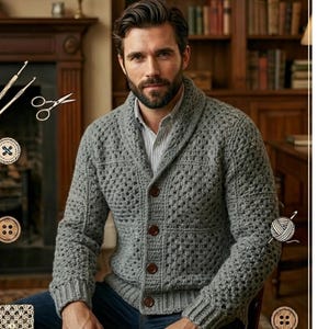 May include: A gray, button-down cardigan sweater with a shawl collar. The sweater has a textured, open-weave design and brown buttons. The person is wearing a striped shirt underneath. The background includes a fireplace and a bookshelf.