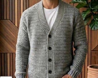 Mens Crochet Pattern | Waffle Stitch Cardigan | Button V-Neck Sweater PDF | Sizes S-XXL Textured Jacket