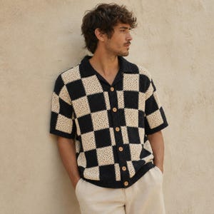 Checkerboard Crochet Shirt Pattern, Black White Granny Square Button Up (PDF)