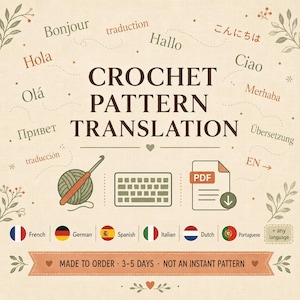 以下が含まれることがあります： CROCHET PATTERN TRANSLATIONというテキストが中央に配置されたデジタルグラフィック。毛糸玉、かぎ針、キーボード、PDFアイコンのイラストが描かれています。周囲には様々な国の挨拶、言語名、国旗アイコンが配置されています。