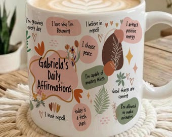 Taza de café personalizada con afirmaciones diarias, regalo con afirmaciones positivas, taza con recordatorios diarios, taza con nombre personalizado, taza de estilo boho, taza para la salud mental