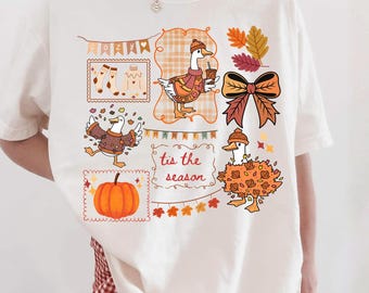 Cozy Thanksgiving Goose Shirt, Cute Fall Goose Tee, Tis The Season Autumn Shirt, Pumpkin Leaves Bow Graphic Thanksgiving Gift, autumn goose