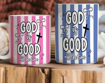 Taza de café con la frase "Dios es bueno todo el tiempo", taza con versículo bíblico cristiano, taza de café con mensaje de fe, regalo religioso inspirador, taza cristiana a rayas.