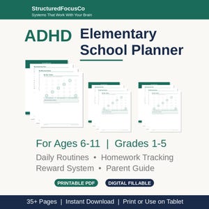 以下が含まれることがあります： ADHD小学校プランナー、対象年齢6～11歳、1～5年生。毎日のルーティン、宿題の追跡、報酬システム、保護者向けガイドが含まれています。印刷可能なPDFとデジタルで入力可能。