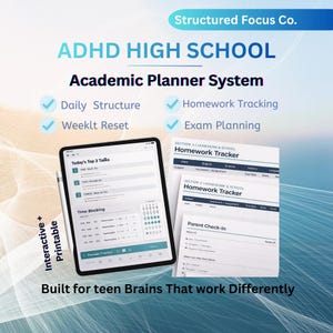Planificador académico para estudiantes de secundaria con TDAH, enfoque diario, seguimiento de tareas (descarga digital)
