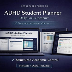 Może przedstawiać: Reklama planera dla studentów z ADHD. Obraz przedstawia laptopa, tablet i wydrukowane strony wyświetlające interfejs planera. Tekst zawiera "ADHD Student Planner", "Daily Focus System" i "Structured Academic Control."