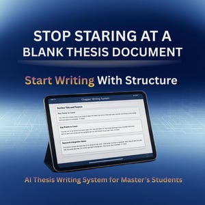May include: A tablet showing a thesis writing system, supported by a stand. The screen displays text about key points and research notes. The background is a blue gradient with the text "STOP STARING AT A BLANK THESIS DOCUMENT" and "Start Writing With Structure".
