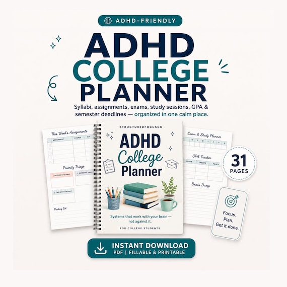 ADHD Student Planner for College — Assignment Tracker, Semester Planner, GPA & Study Schedule PDF