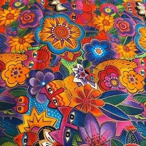 May include: A vibrant fabric featuring a repeating pattern of stylised cats and flowers in bright shades of orange, blue, purple, and yellow. The selvage edge displays the text Laurel Burch, Fantastic Felines by CLOTHWORKS.