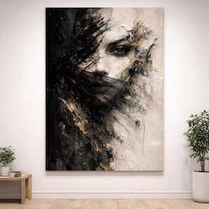 May include: Abstract art print of a woman's face, partly covered by a black veil. The painting uses black, white, and gold tones, with visible brushstrokes and textured paint. The woman's eyes are a striking green.
