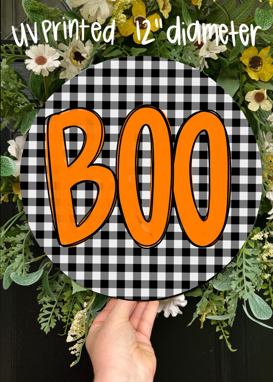 Round Boo Halloween Boo Gingham Black Checkered Round Wood Sign 12