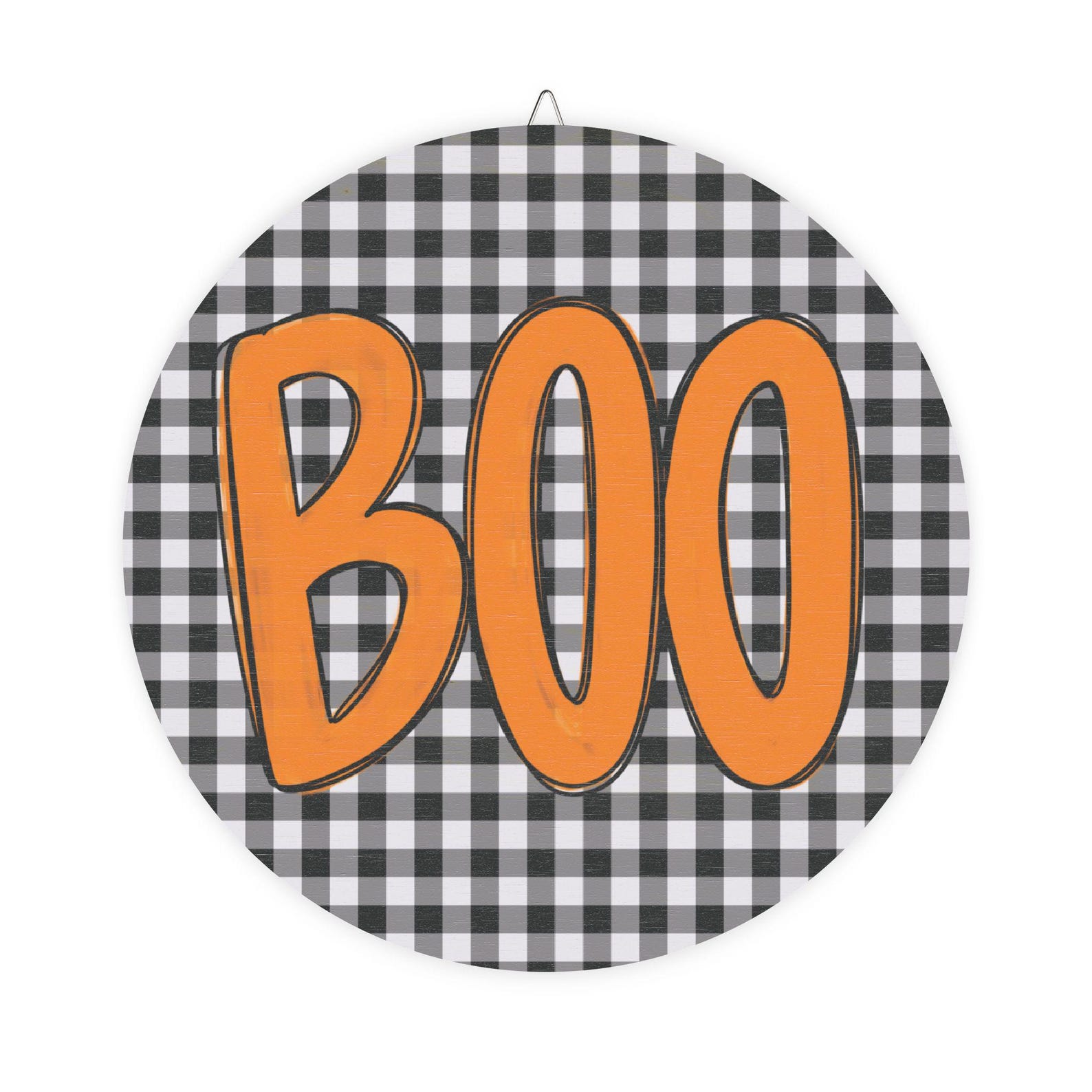 Round Boo Halloween Boo Gingham Black Checkered Round Wood Sign 12