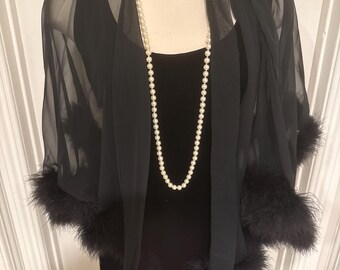 Vintage black long dress with a removal shear cape with faux feathers, Vintage Cachet Dress,