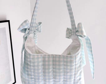 Pastel blue gingham mini bow shoulder bag
